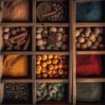 Wooden box with compartments of loose colourful spices